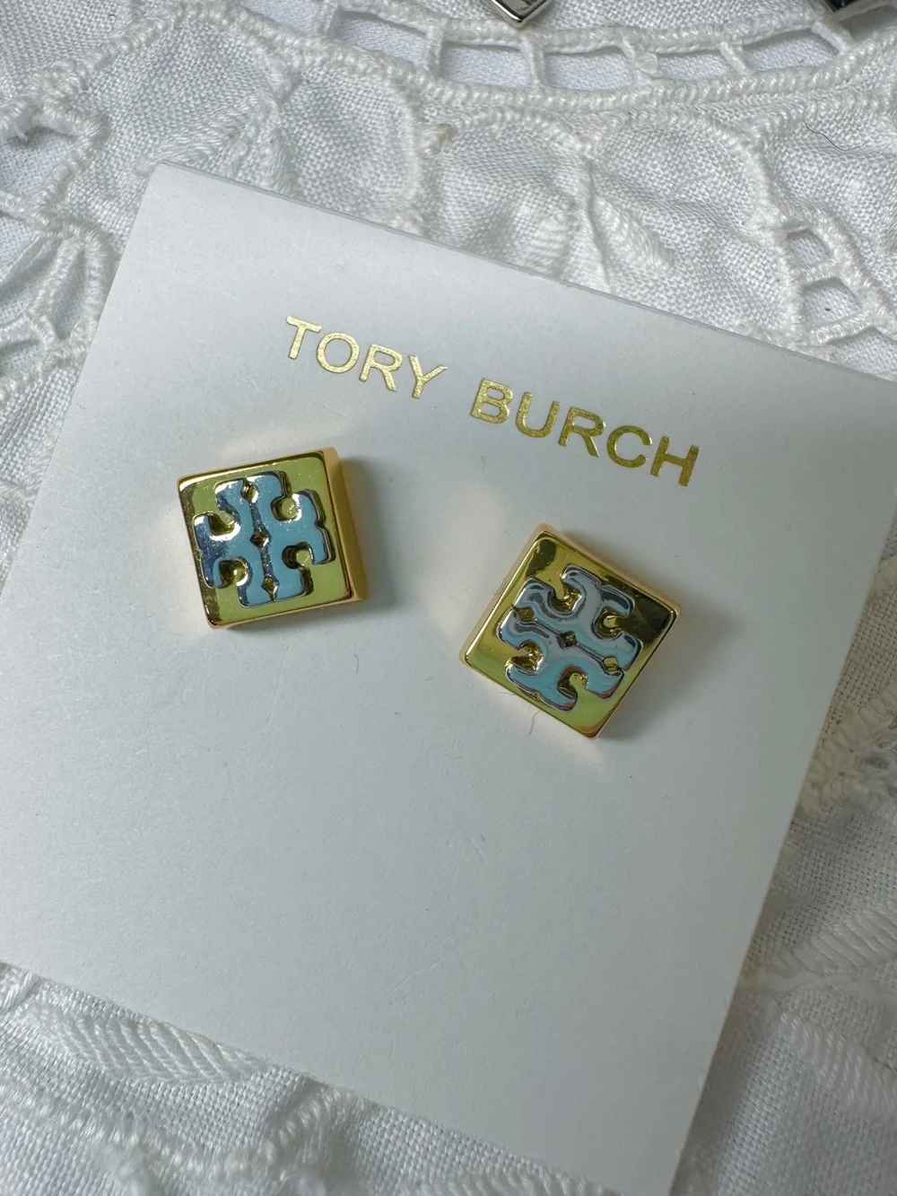 Tory Burch Gold and Light Blue Enamel Logo Square Studs